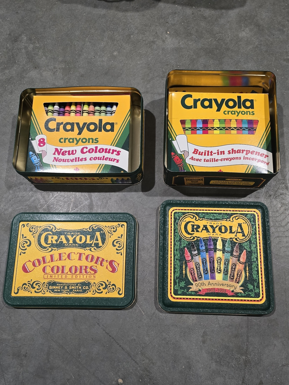 Vintage Crayola Collector Tin Sets(2) with Bright Yellow & Green Artwork
